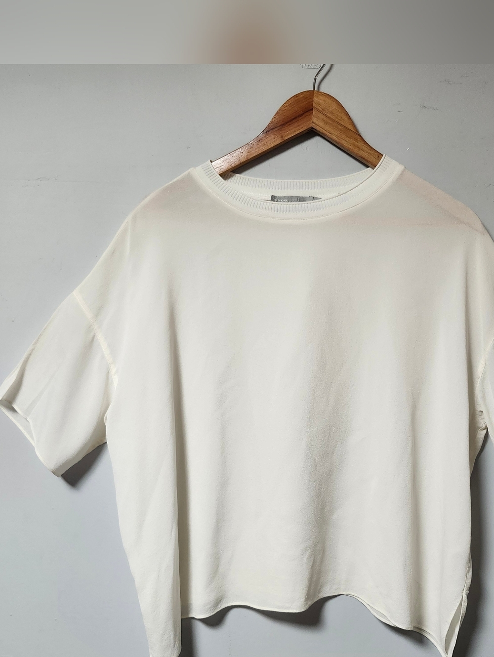VINCE Off White Silk Crepe Oversize Crop Crewneck Tshirt Top XS